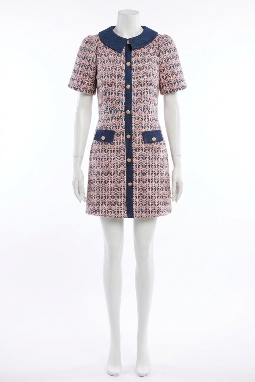 NEW VOY full button down contrast collared tweed dress in mauve